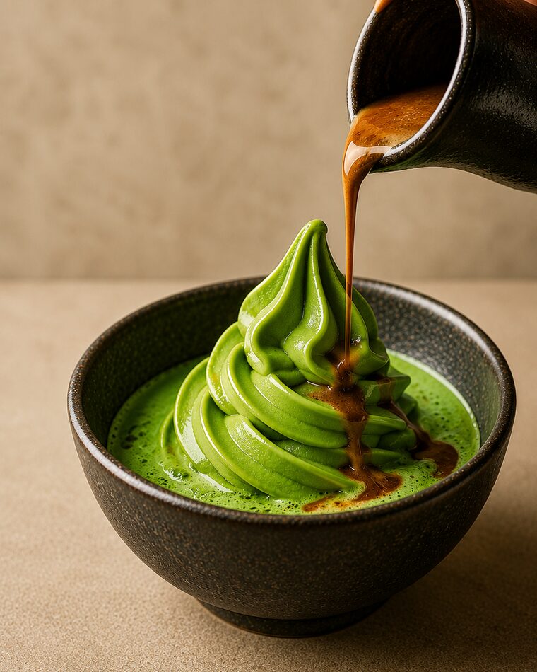 Espresso poured over matcha soft serve affogato