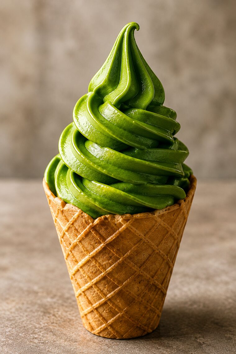 Matcha soft serve in a waffle cone