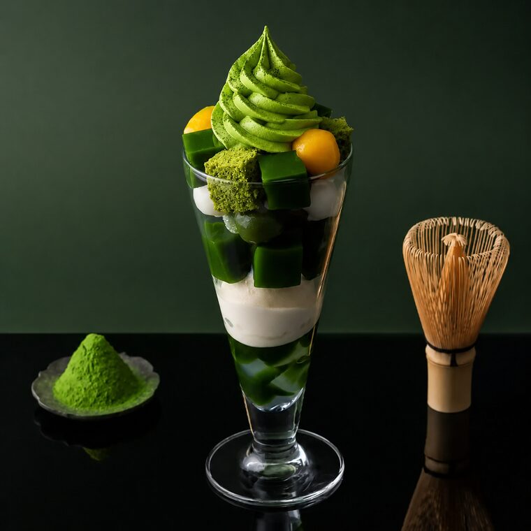Layered matcha parfait in a tall glass