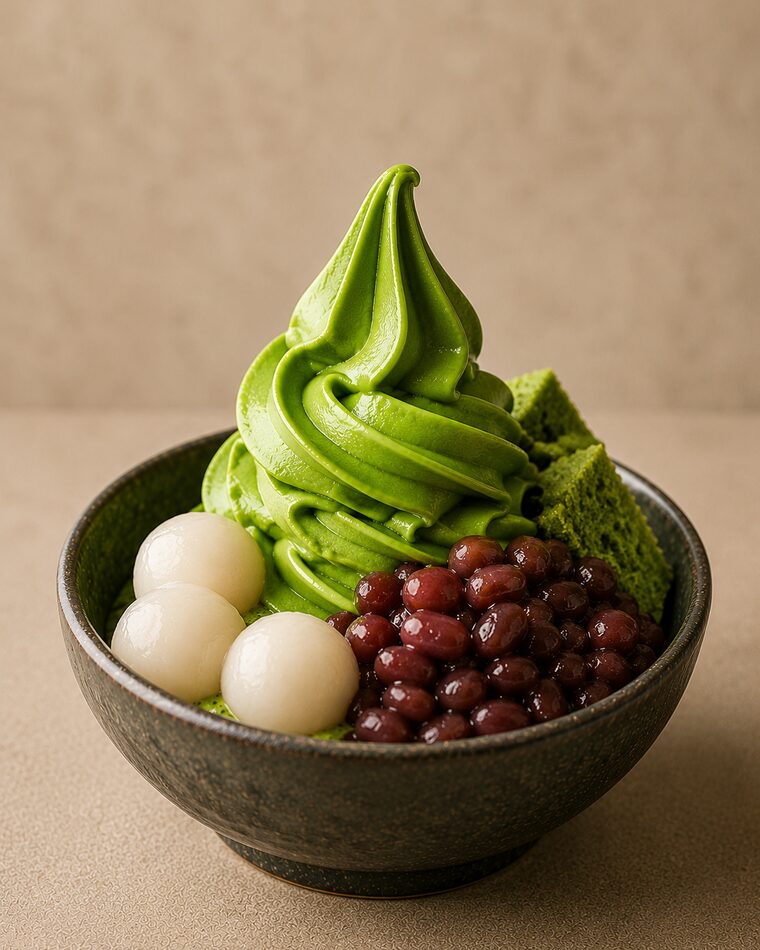 Matcha sundae with mochi and red bean in a ceramic bowl